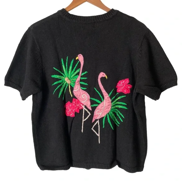 Designers Studio Originals VTG Short Sleeve Knit Palm Flamingo Sweater 1X - Picture 7 of 11